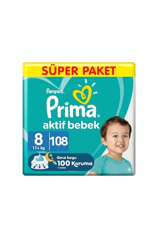 Prima 8 Beden Aktif Bebek Bezi Süper Paket 27x4 108 Adet 8 Numara