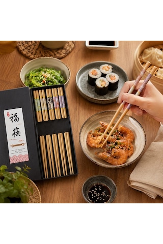 Valkyrie 5 Çift 24cm Bambu Desenli Yemek Çubuğu Seti Hediyelik Kutulu Japon Sushi Chopstick Ahşap