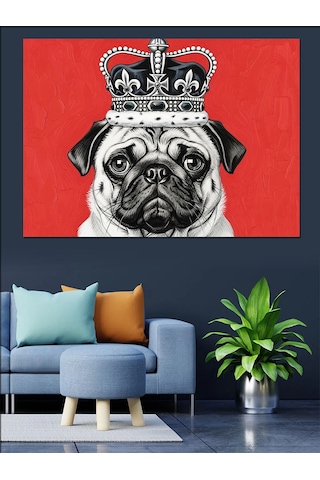 Siyah Beyaz Kraliyet Taçlı Pug Köpek Kırmızı Fon Dekoratif Kanvas - Mdf Ahşap Tablo