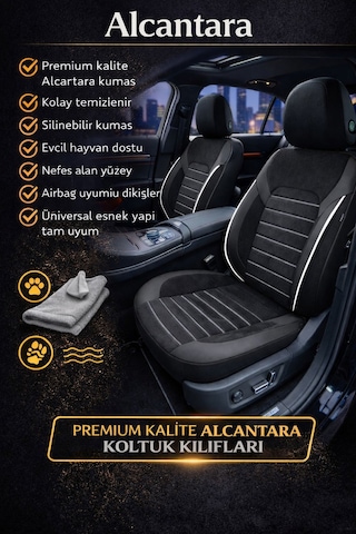 Alcantara Serisi Lüks Üniversal Oto Koltuk Kılıfı - 5 Kotuk Tam Set Beyaz