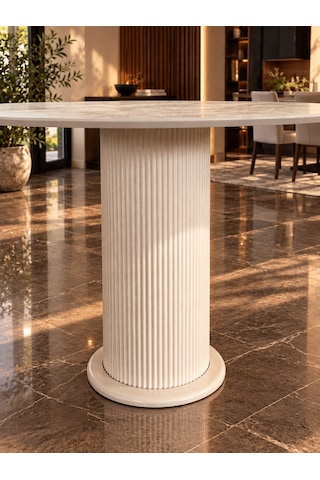 Traverten Desenli Yuvarlak Masa 90 Cm Mdf Vizon Bej