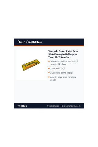 Trobus Vantuzlu Dekor Plaka Cam Süsü Kardeşim Helikopter Yazılı 22x7,5 Cm Sarı
