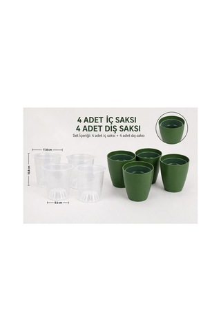 Hüskon Ticaret 4 Lü Yeşil Dekoratif Saksı Seti 4 Adet Iç Saksı + 4 Adet Dış Saksı