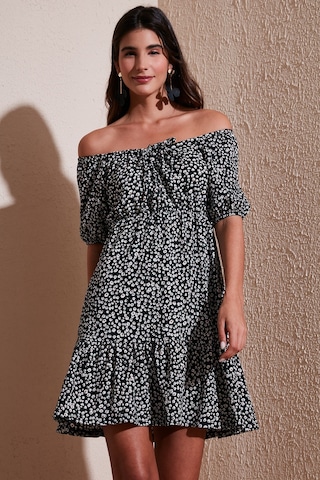 Lela Desenli Slim Fit Carmen Yaka Mini Bayan Elbise 5865620 Siyah