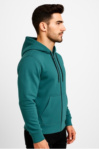 Axxel Erkek Yeşil Fermuarlı Kapüşonlu Sweatshirt 3 İplik Şardonlu-w590 Zümrüt Yeşili