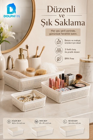 Jute Çok Amaçlı Sepet 3 Lü Set 1,5 L 2,5 L 5 L Mutfak Banyo Dolap İçi Saklama Organizeri beyaz