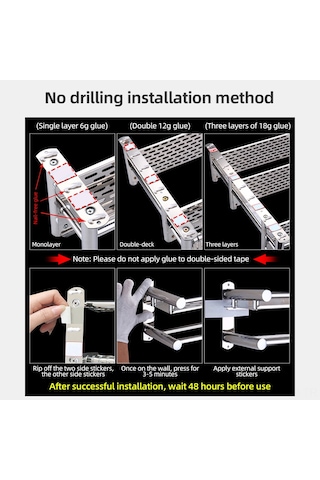 Ranyeek Banyo Duvar Rakusu 2 Katlı Paslanmaz Çelik - 50cm, 2 Havlu Asma Ve 5 Kanca, Delme Olmayan Kurulum, 60kg Yük Kapasitesi Diğer