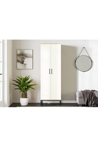 Fibona Modern 2 Kapaklı 8 Raflı Çok Amaçlı Antre Dolabı - Metal Ayaklı Atlantik Çam - Beyaz