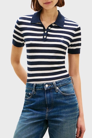 Tommy Hilfiger Çizgili İpek Karışımlı Kısa Kollu Düğmeli Polo Yaka Kazak Bayan Polo Yaka Kazak Ww0ww48503 0a5 Lacivert-beyaz