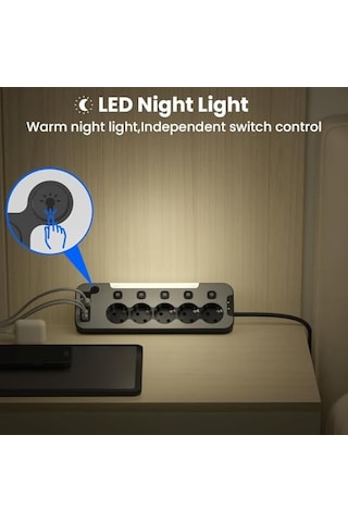 Bağımsız Anahtarlı 5'li Işıklı Akım Korumalı Çoklu Priz 4000w, 2x Usb - 2x Type-c Giriş, Metal Ön Panel Uzat 0