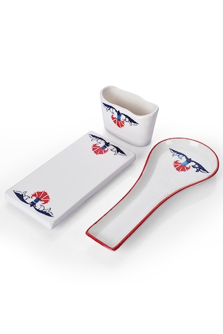 Piatti Naturali 3 Lü Mutfak Seti Çini Kaşık Altlığı Süngerlik Yağdanlık