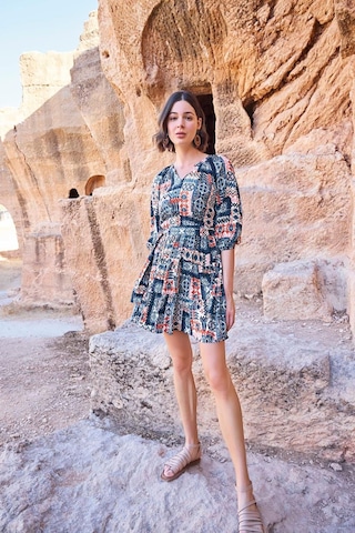 Monamise 23064 Kadın Etnik Desen Truvakar Kol V Yaka Elbise-lacivert Lacivert