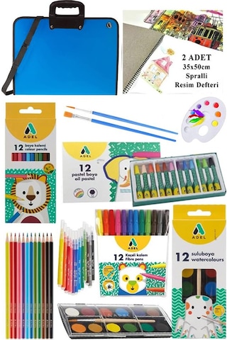 Öğrenci Boyama Seti 10 Parça 1 Paket 35x50 Resim Çantası Resim Defter Adel Sulu Boya Kuru Boya Pastel Boya Keçeli Kalem