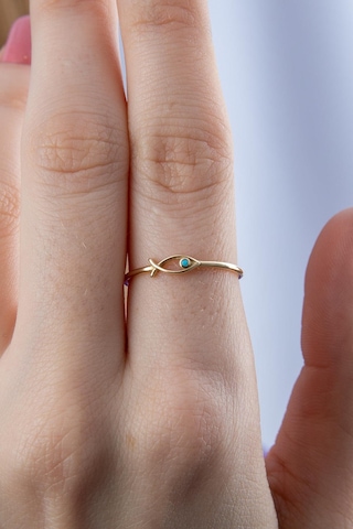 14 Ayar Altın Mini Firuze Taş Detaylı Balık Yüzük Pembe Altın