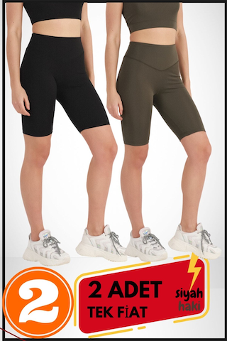 Kadın Kısa Siyah & Haki Şort Tayt 2'li Paket Lycralı Yüksek Bel Toparlayıcı Mevsimlik Biker 21074 Siyah - Haki