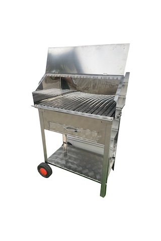 Paslanmaz Kömürlü Mangal 35 X 60 Cm Çekmeceli Tekerlekli Barbekü