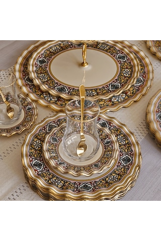 Glore Gisele Altın Yaldızlı Cam 28 Parça Çay İkram Takımı Full Set Renkli