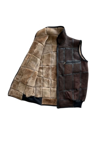 Patchwork İçi Kürk-dışı Süet Hakiki Deri Yakalı Yelek