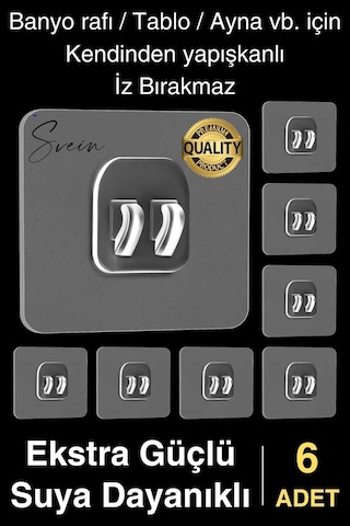 6 Ad. Ekstra Güçlü Kendinden Yapışkanlı İz Bırakmaz Suya Dayanıklı Banyo Rafı Tablo Ayna Askı Kanca Çok Renkli