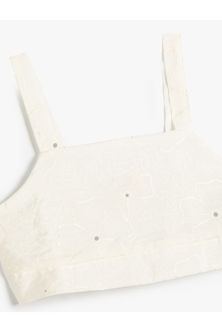 Koton Crop Bluz Çiçek Dokulu Kare Yaka Ekru Desenli 4skg60003ew Ekru