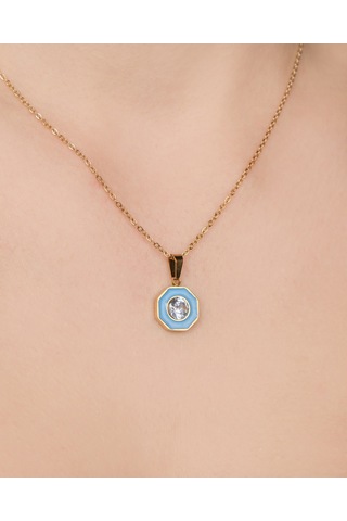 Lekka Design Kadın Kararmaz Çelik Takı Zirkon Taşlı Mavi Mineli Kolye