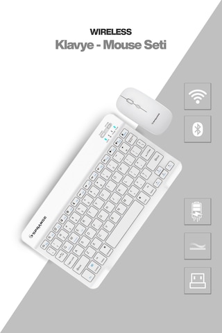 Tablet Ve Telefonlar İçin Bluetooth - Wireless Klavye Ve Mouse Set - Beyaz Diğer