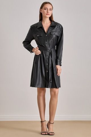 Diz Üstü Siyah Deri Elbise Siyah