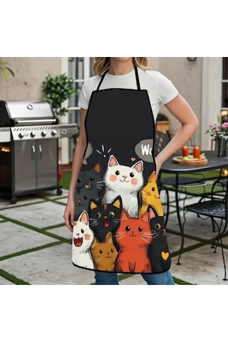Valkyrie Kedi Desenli Mutfak Önlüğü Cepli Ayarlanabilir Askılı Unisex Mutfak Temizlik Önlüğü Siyah