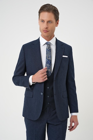 Efor Slim Fit Çift Yırtmaç Keten Karışımlı Yelekli Klasik Lacivert Takım Elbise Tk 914 Lacivert