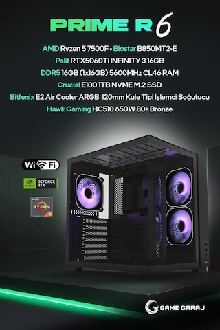 Game Garaj PRIME-R6 R5-7500F 16 GB RTX5060Ti 16 GB 1 TB SSD Free Dos Oem Paket Masaüstü Oyuncu Bilgisayarı