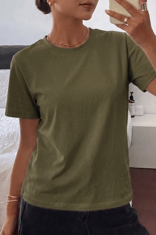 Genıus Store Kadın Tişört Gri Bisiklet Yaka Basic Tişört %100 Pamuk Rahat Kalıp T-shirt Basıc-kadın Haki