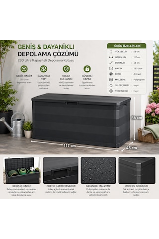 280 Litre Antrasit Bahçe Depolama Sandığı Kapaklı Polipropilen Dış Mekân Saklama Kutusu 117x45x56 Cm