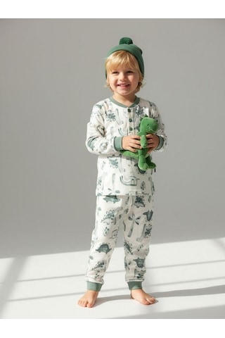 Zekids Erkek Çocuk Pamuklu Safari Desenli Çıtçıtlı Pijama Takımı-16836 Mint