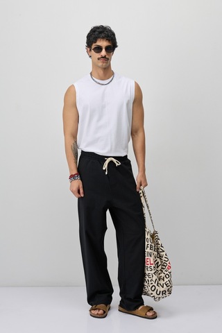 Vamos Bağcıklı Baggy Fit Keten Pantolon Siyah