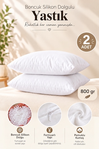 2 Adet Boncuk Silikon Yastık Fermuarlı 50x70 İç Yastık 800 Gram Beyaz