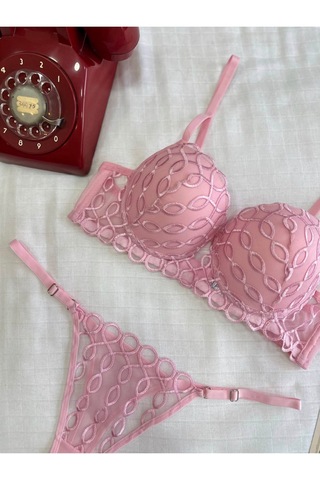 Maser Geometrık Desenli Push-up Sütyen Seti Açık Pembe