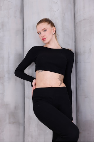 Kadın İspanyol Paça Pantolon Uzun Kollu Parmak Geçirmeli Crop Takım Siyah