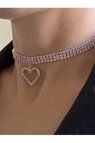 Üç Sıralı Kalp Figürlü Kristal Taşlı Choker Tasma Pembe Renk Kolye Pembe