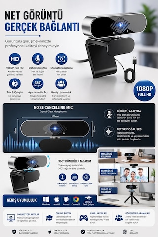 Webcam 1080p Hd Konferans Kamera Dahili Mikrofon Görüntülü Sohbet Yayın Kamerası Hd Video Ae-104