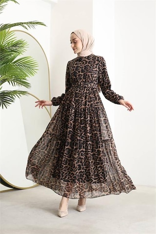 Neşeli Butik Kadın Kemerli Leopar Desenli Tesettür Şifon Elbise Sms014 Siyah