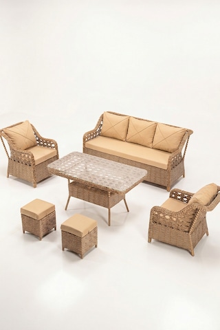 Anemon Serisi 3+1+1+2 Puf Cappucino Rattan Cappucino Minder Bahçe Balkon Oturma Koltuk Takımı