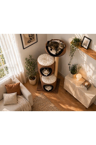 Terra Çok Katlı Kedi Evi Tırmalama Direkli Modern Kedi Yuvası