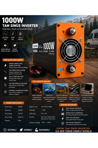 1000w Tam Sinüs İnverter 12v Ac Çevirici Sessiz Fanlı, Usb Çıkışlı, Araç Karavan Tekne Solar Uyumlu Güç İ Belirtilmemiş