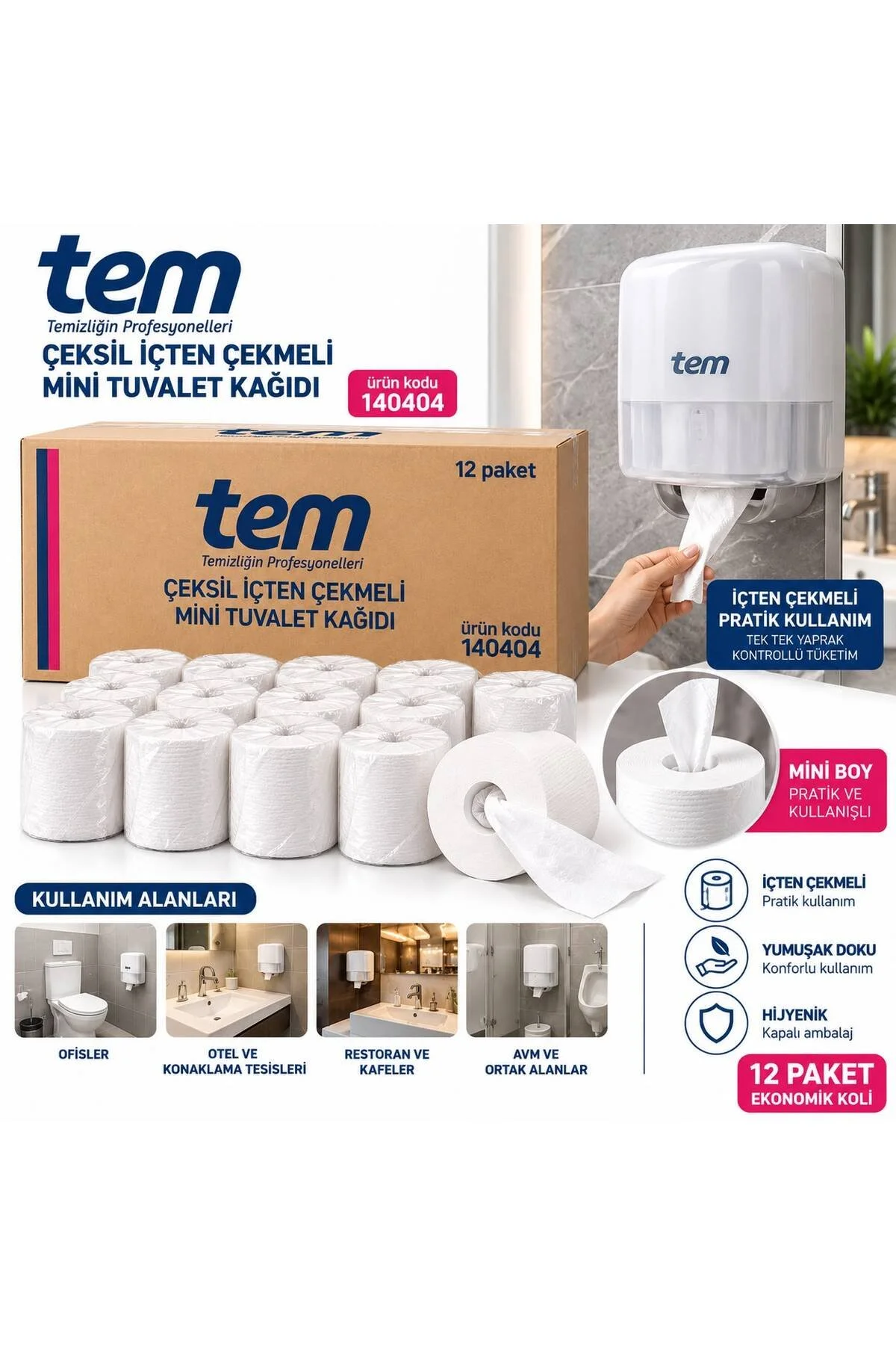Tem İçten Çekmeli Mini Cimri Tuvalet Kağıdı 12 Li
