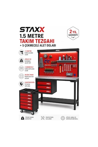 Staxx Stax1550x 1.5 Metre 3 Çekmeceli Endüstriyel Takım Dolabı Tezgahı Atölye Tezgahı + 5 Çekmece