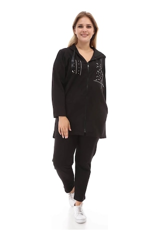 Büyük Beden Siyah Kapşonlu Pul Payetli Eşofman Takımı Siyah