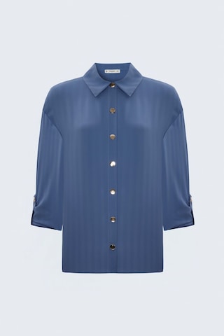 Sateen Çizgili Kolu Katlama Detaylı Gömlek - İndigo-137884