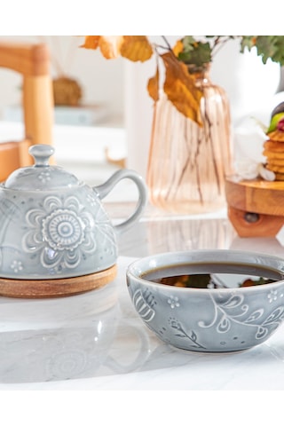 English Home Floral Poem Stoneware Demlik Seti 350 Ml + 250 Ml Gri