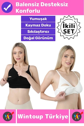 Wintoup Emzirme Sütyeni Klipsli Pamuklu Hamile Lohusa Dikişsiz Balensiz Desteksiz Emzirme Sütyeni 2'li Set Beyaz - Siyah