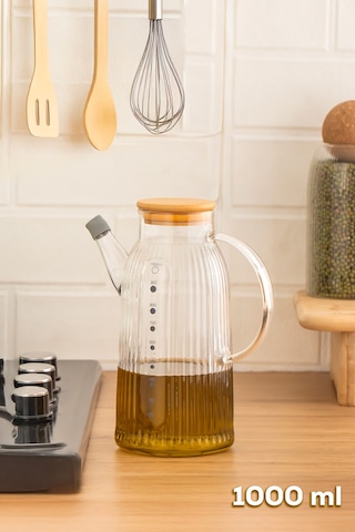 Porsima 2091 Bambu Kapaklı Vakumlu Ölçekli Borosilikat Cam Yağdanlık Yağlık Sirkelik 1000ml Şeffaf